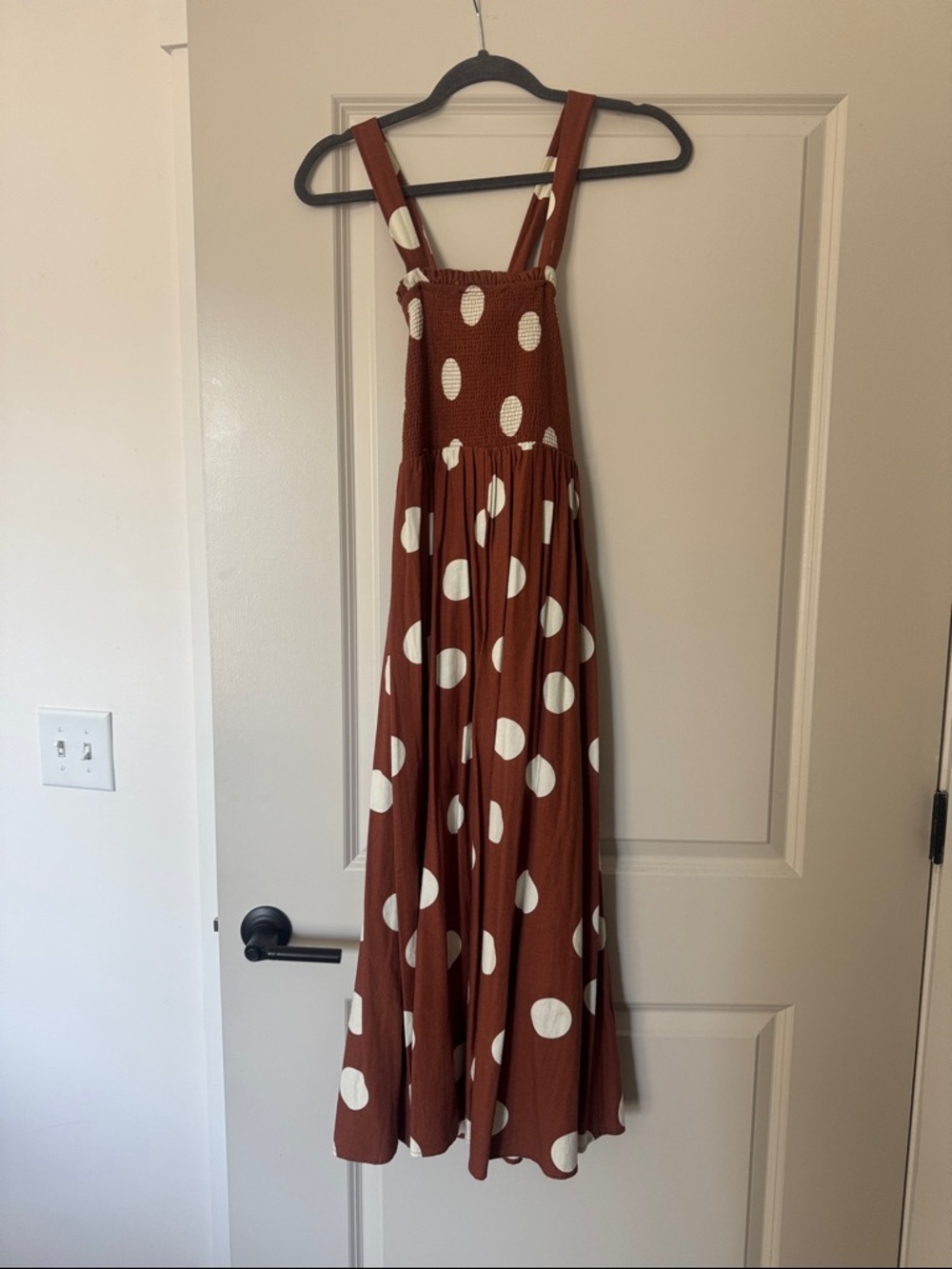 Women’s Rust Polka Dot Maxi Dress with Smocked Bodice